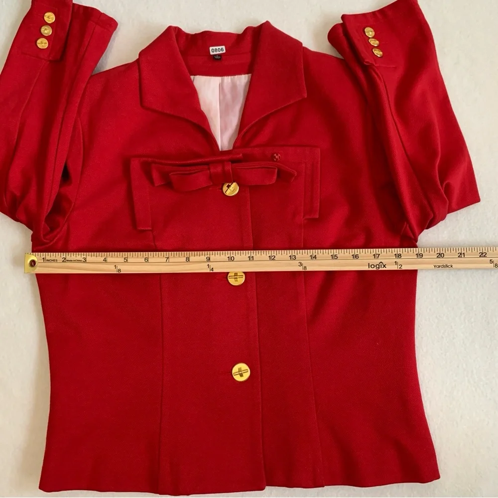 Cabi Love Carol Collection Blazer Jacket Women's Bow Beau Gold Button Red Size 6